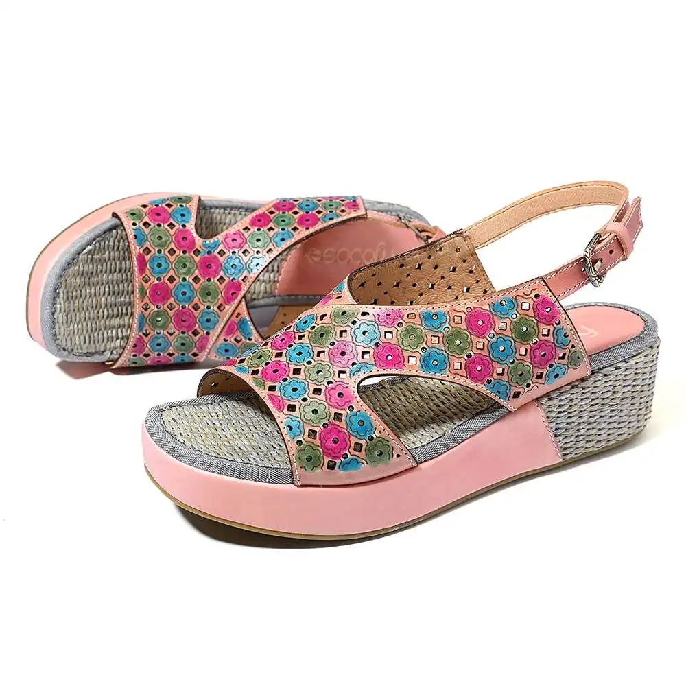 SOCOFY Candy Color Genuine Leather Hollow Flowers Pattern SOCOFY Retro Bohemian Women Pumps Flowers Pattern Hollow