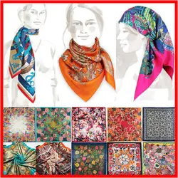 Для женщин с цветочным принтом квадратный шарф Шелковый шарфы для леди Винтаж Boho шаль Echarpes Foulards Femme 90*90 см