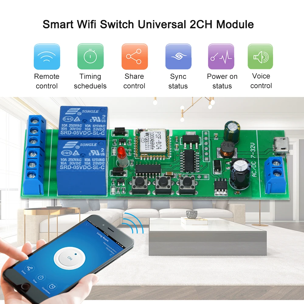 

eWeLink Smart Wifi Switch Universal Module 2CH USB DC5V/7-32V Wireless Switch Timer Phone APP Remote Control for Smart Home