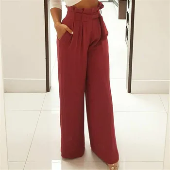 

New Fashion Women Casual High Waist Ruffles OL Lady Trousers Denim Look Wide Leg Long Pants