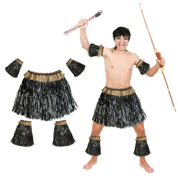 

5pcs/set Hawaiian Grass Skirt Suit Five Piece Set Elastic Arm Sleeve Feet Cover Grass Skirt for Men Women Dance Costume Set