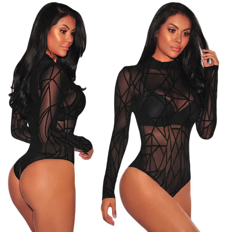 Body Femme For Women Sexy Long Sleeve Floral Striped Printed Bodaysuits Transparent Black Club Party Romper Jumpsuits Body Femme For Women Sexy Long Sleeve Floral Striped Printed Bodaysuits Transparent Black Club Party Romper Jumpsuits