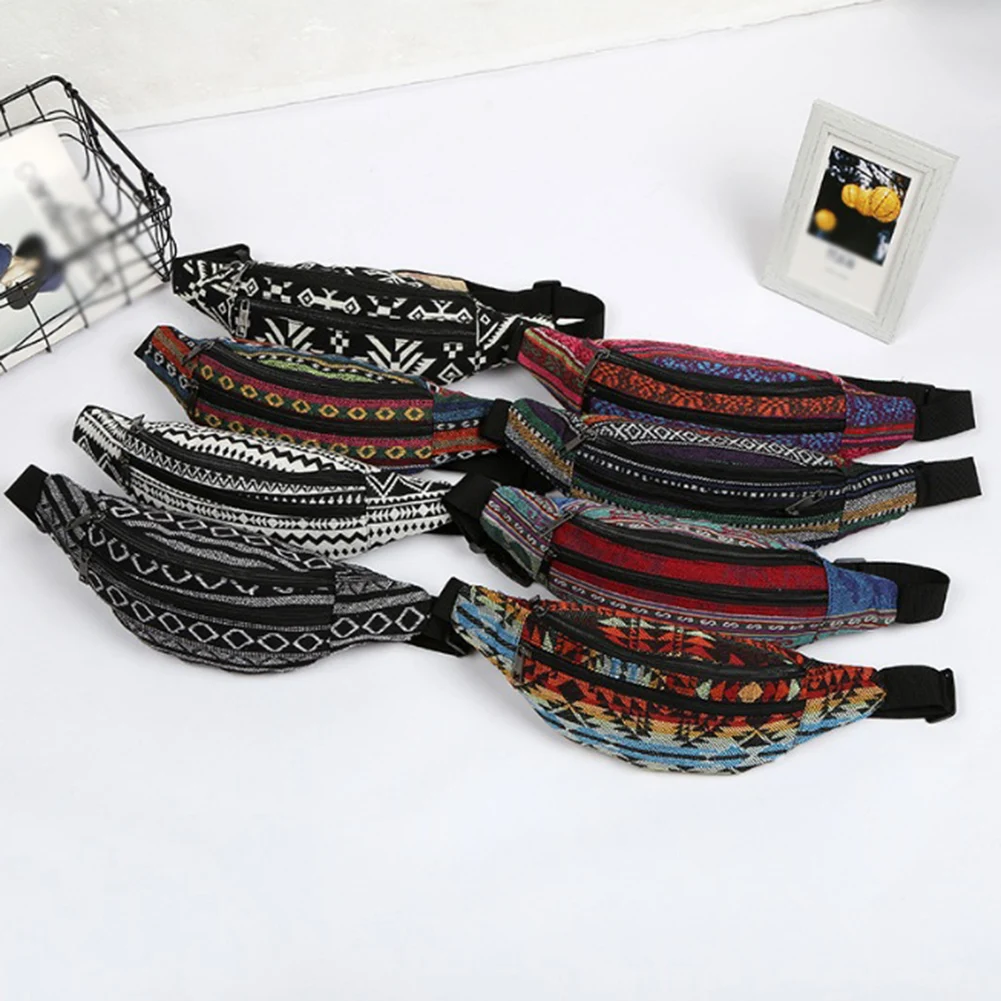 

Ethnic Style Women's Canvas Printed Funny Packs 8 Colors 2 Pocket Outdoor Waist Bags Bohemian Casual Bum Bag Purse Money Belt