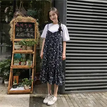 

MISSKY Women Summer Dress Girls Floral Printing Ruffled Chiffon Strap Sleeveless Dress Female Clothes