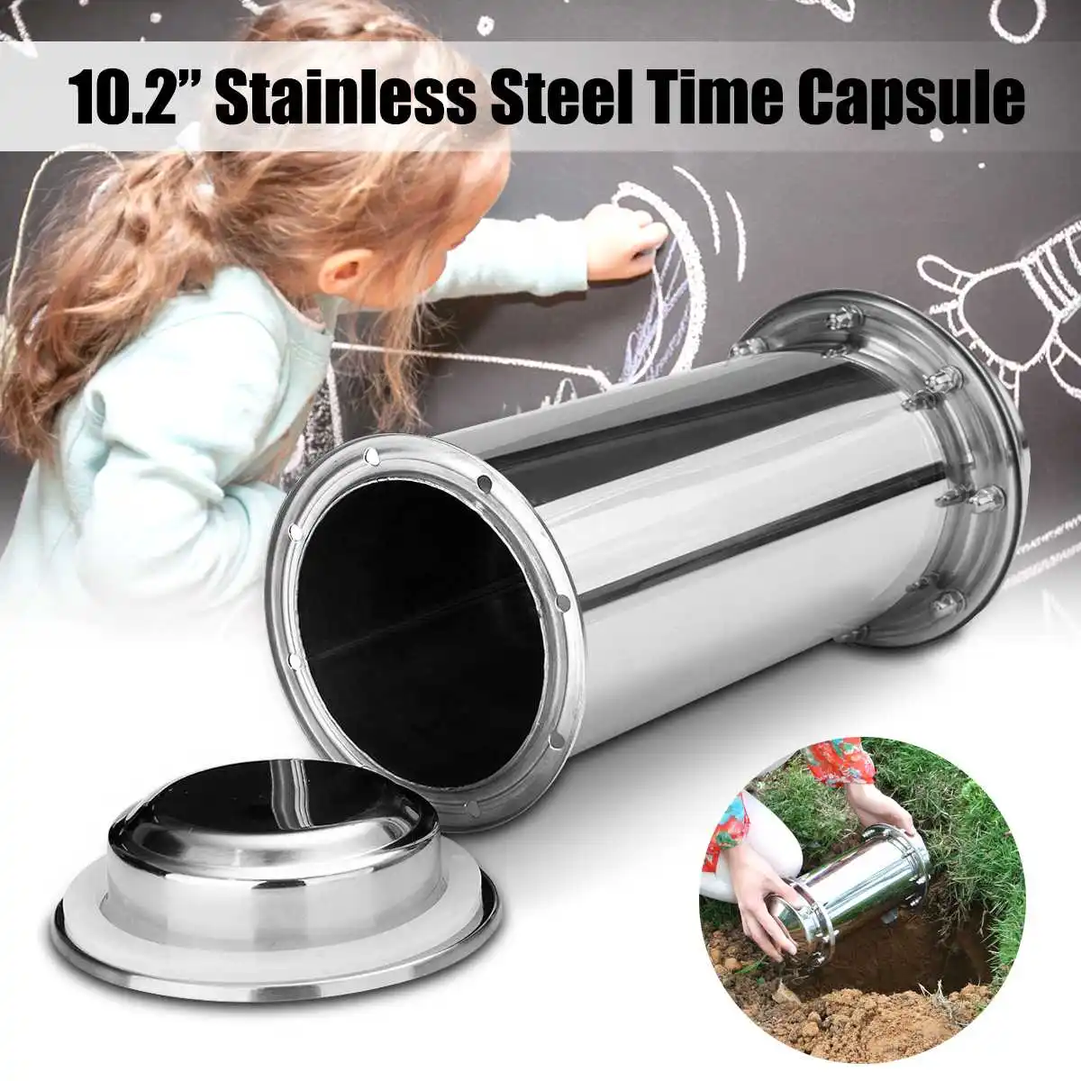 

Stainless Steel Time Capsule Waterproof Lock Container Storage Future Gift length 26cm Diameter 10cm