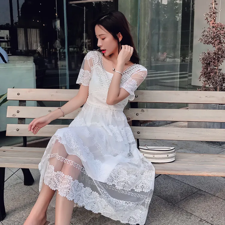 

Luxury Design Sexy V Neck Diamond Backless White Long Dress Summer Woman Lace Perspective Seaside On Vacation Mesh Dress Vestido
