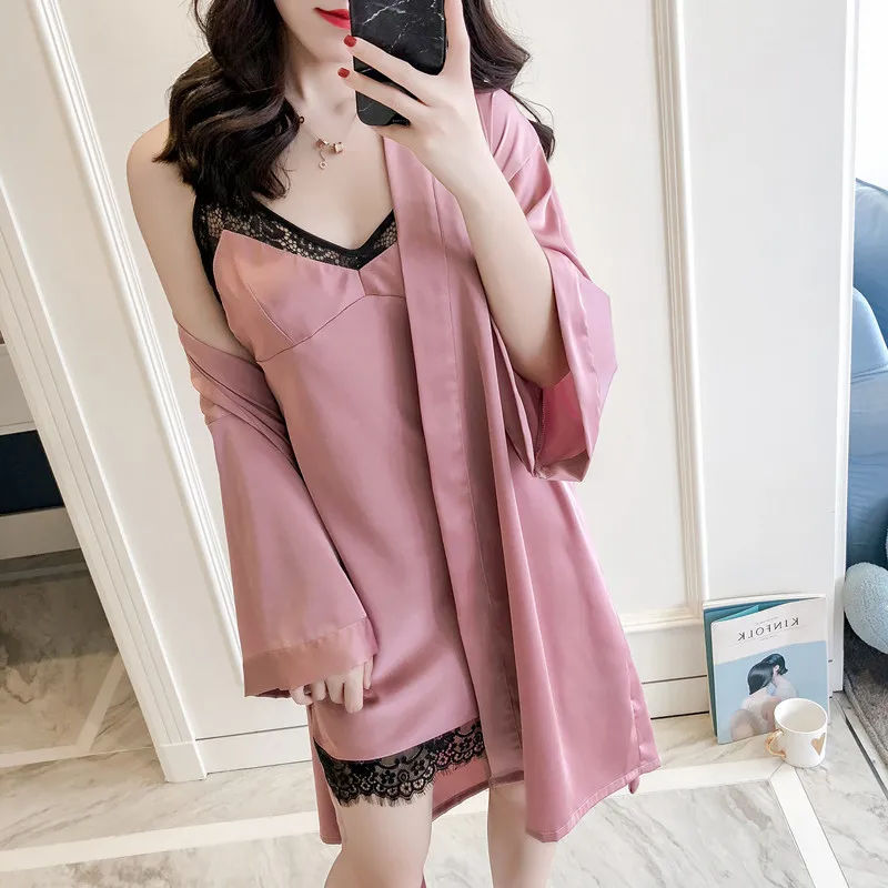

2 Pcs Laec Sexy Women Robe Set High Quality Night Skirt Robe Twinset Bathrobe With Chest Fashion Sleepwear