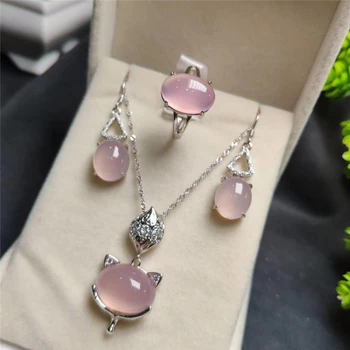 

Koraba 3pcs 925 Sterling Silver Natural Pink Fox Jade Gemstone Pendant Necklace Bracelet Earrings Women Jewelry Set