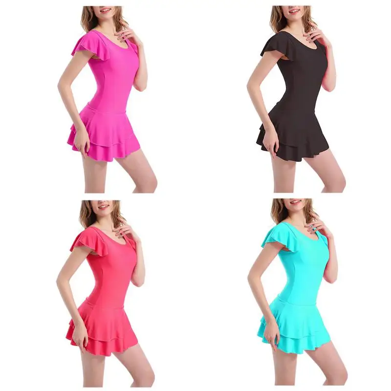 

Ladies Swimwear Conservative Sexy Large Size Covered Belly Beachwear Black Slim Gathered One-piece Short-sleeved Skirt Swimsuit