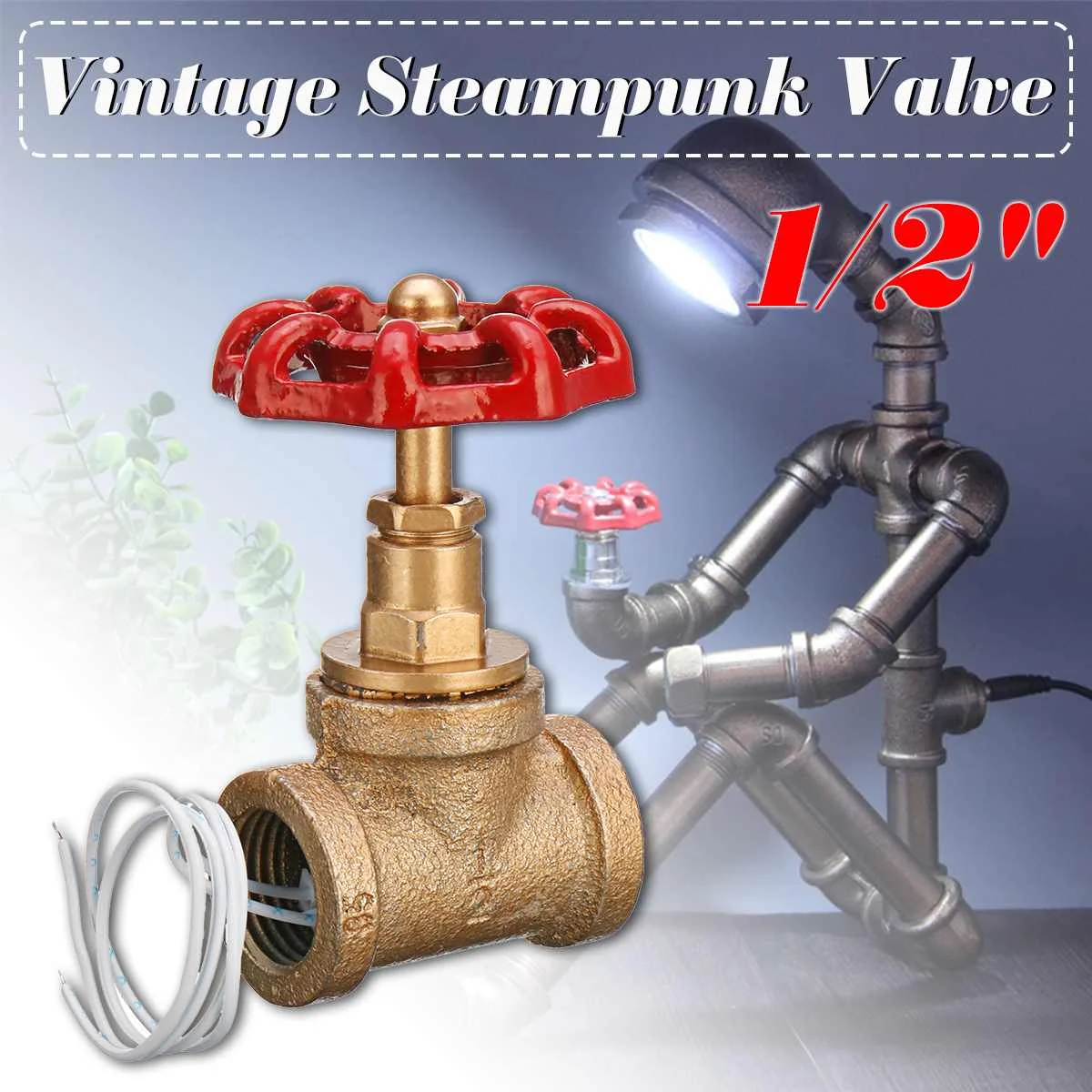 

1/2 Inch Red Handle Stop Valve Light Switch With Wire For Water Pipe Lamp Vintage Steampunk Lamp Style Vintage Table Lamp