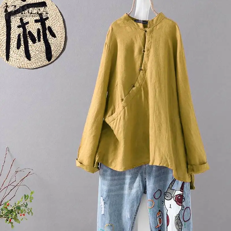 ZANZEA винтажные женские блузки в китайском стиле с пуговицами, женские блузки с длинным рукавом, хлопковые льняные рубашки, туники, топы размера плюс