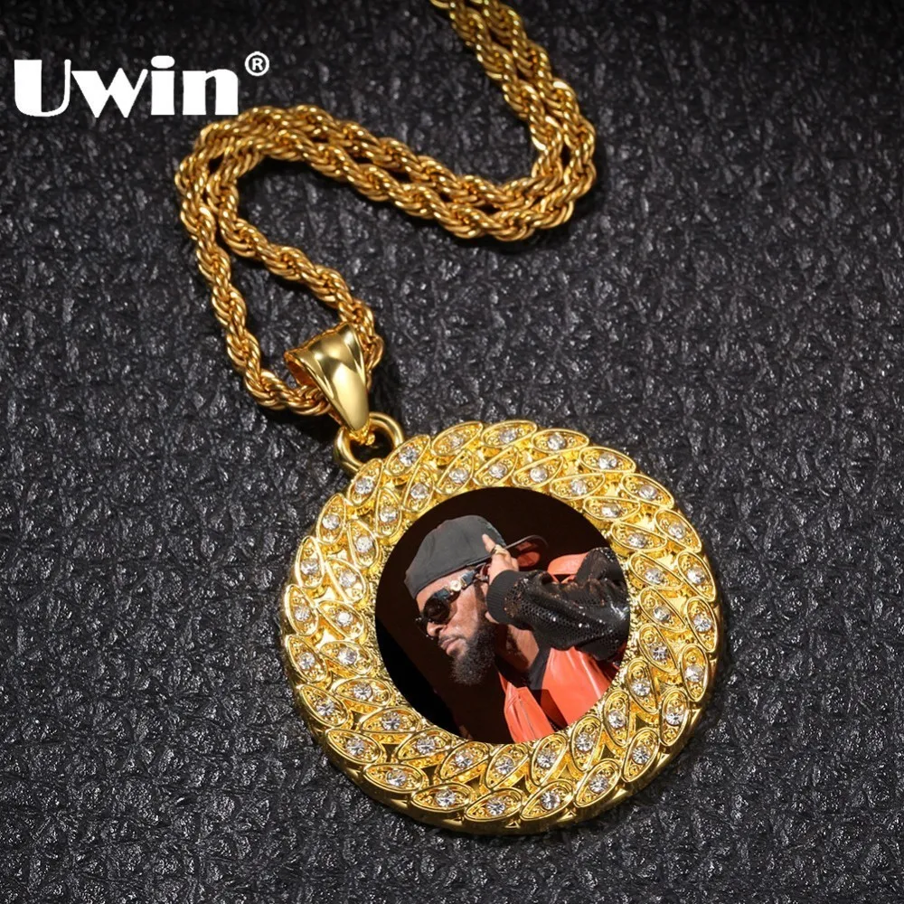 

UWIN Fashion Custom Made Photo Pendant Necklace Gold Color Full Iced Out Rhinestones Round Tag Hiphop Jewelry Gifts