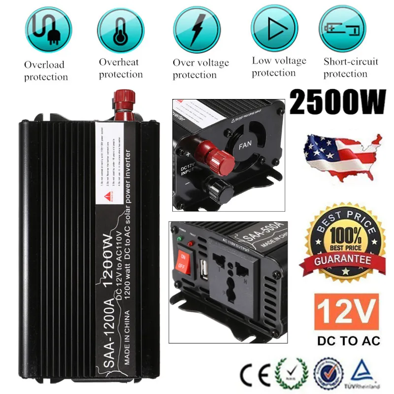 Max 2500W 1200W Solar Power Inverter 12V DC to 110V AC Modified Sine Wave Car Charge Converter Transformer
