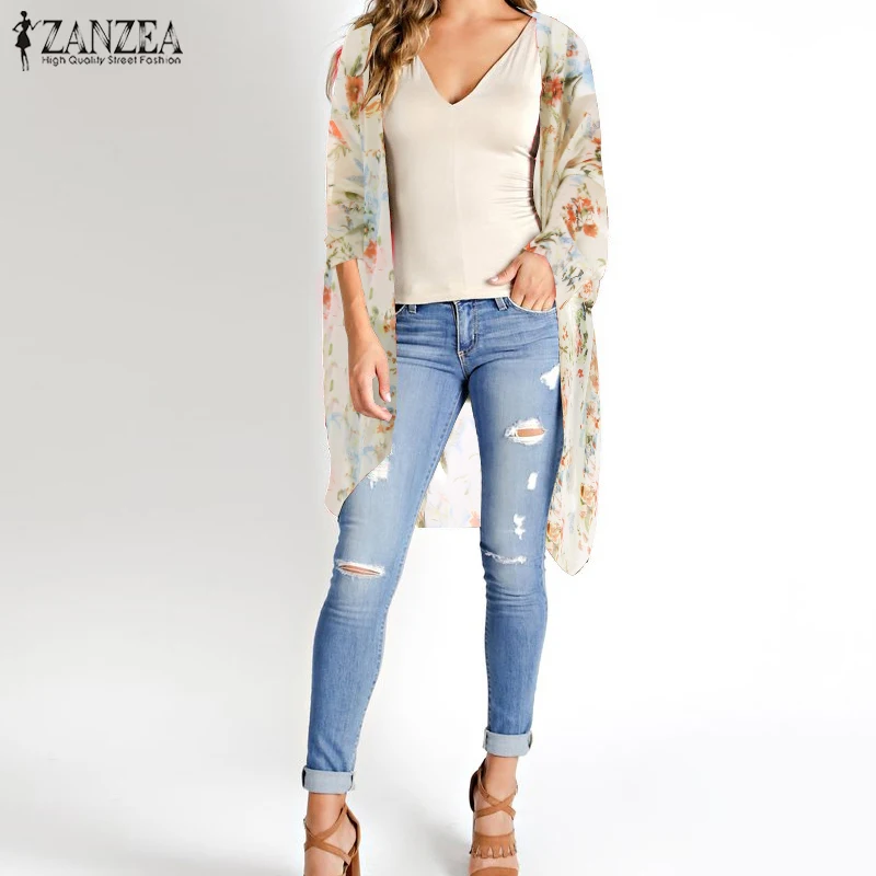2019 ZANZEA Fashion Print Beach Cover Up Women's Summer Floral Kimono Cardigan Female Bohemian Chiffon Blouse Blusas Tunic Tops