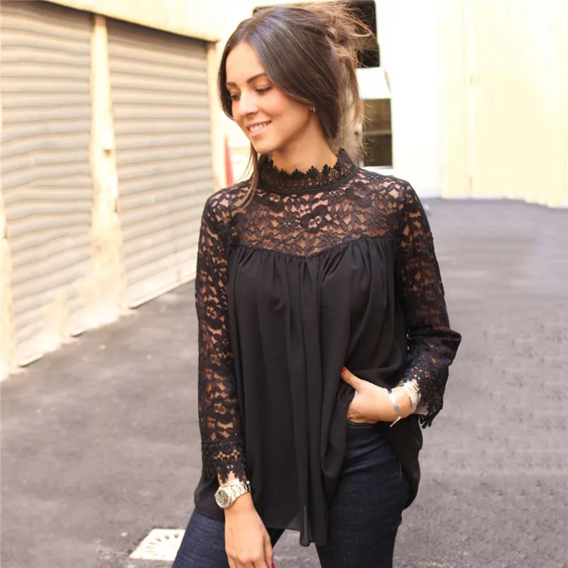 

2019 Spring Summer Women Lace Shirts Blouse Turtleneck Long Sleeve Hollow Out Transparent Partywear Ladies Fashion Blusa Clothes