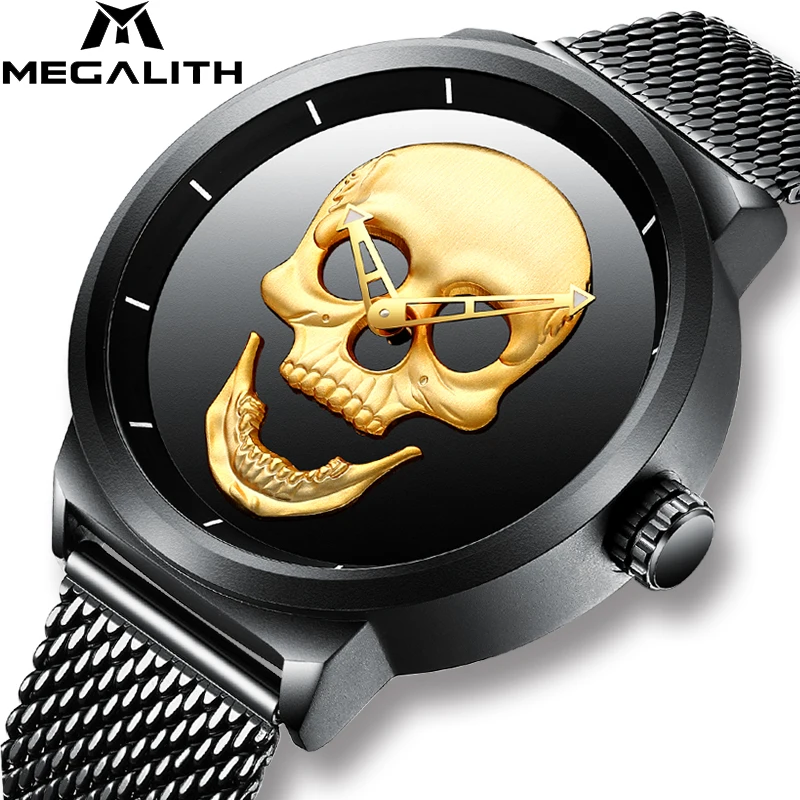 

MEGALITH New Creative Skull Watch Mens Waterproof Wrist Watch For Mens Boys Black Steel Mesh Quartz Watch Relogio Masculino