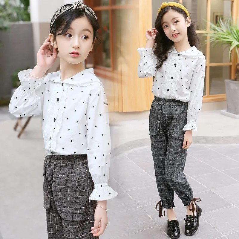

White Dot Petal Sleeve Blouses For Teenage Girls Long Sleeve Cotton Top Kids Shirts Clothing New Fashion 2019 Children Blouse