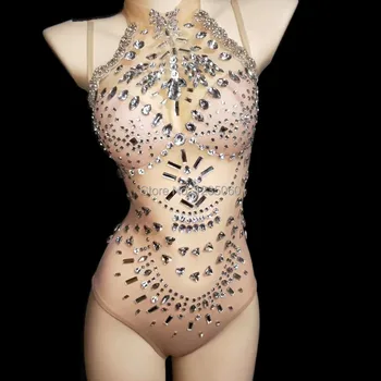 

Sparkly Rhinestones Mesh Bodysuit Sexy Perspective Glass Stones Jumpsuits Women Singer Nightclub DJ DS Costume Party Stage Wears