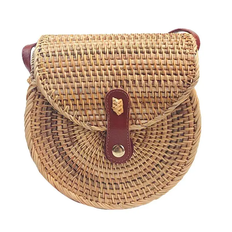 

Summer Shoulder Bag Rattan Hand-Woven Beach Bag Handbag With Leather Snap Fastener Straw Hand Bags Crossbody Bag For Women Girl