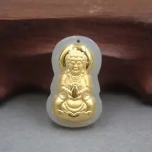 Сертификат чистый 999 24 K желтое золото Хотан нефрит женщин Kwan-Yin Кулон маленький