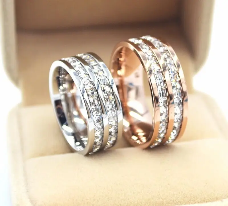 

8mm Gold/Silver/Rose Gold Titanium Steel Double Row Ring Wedding Band Sz 6-12 Engagement Ring Bridal Wedding Rings Jewelly