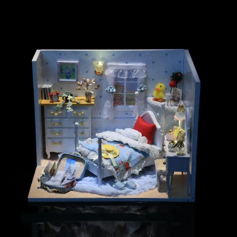 Holiday Furniture Doll House Wooden Miniature DIY DollHouse Furniture Kit Dollhouse toys With Furniture LED Lights Birthday