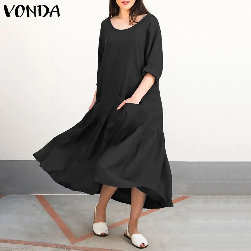 VONDA Brand Women Dress 2019 Autumn Vintage O Neck Pockets Back Button