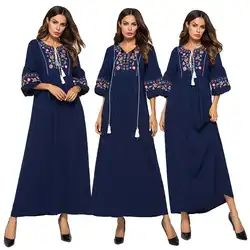Мусульманское Для женщин Этническая длинное платье Абаи вышивка Jilbab Цельнокройное платье Макси Вечерние линии Ближний Восток Половина