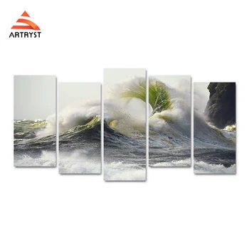 

5 pieces of HD print canvas art painting tumbling waves storm landscape picture print on the canvas for home decor living room