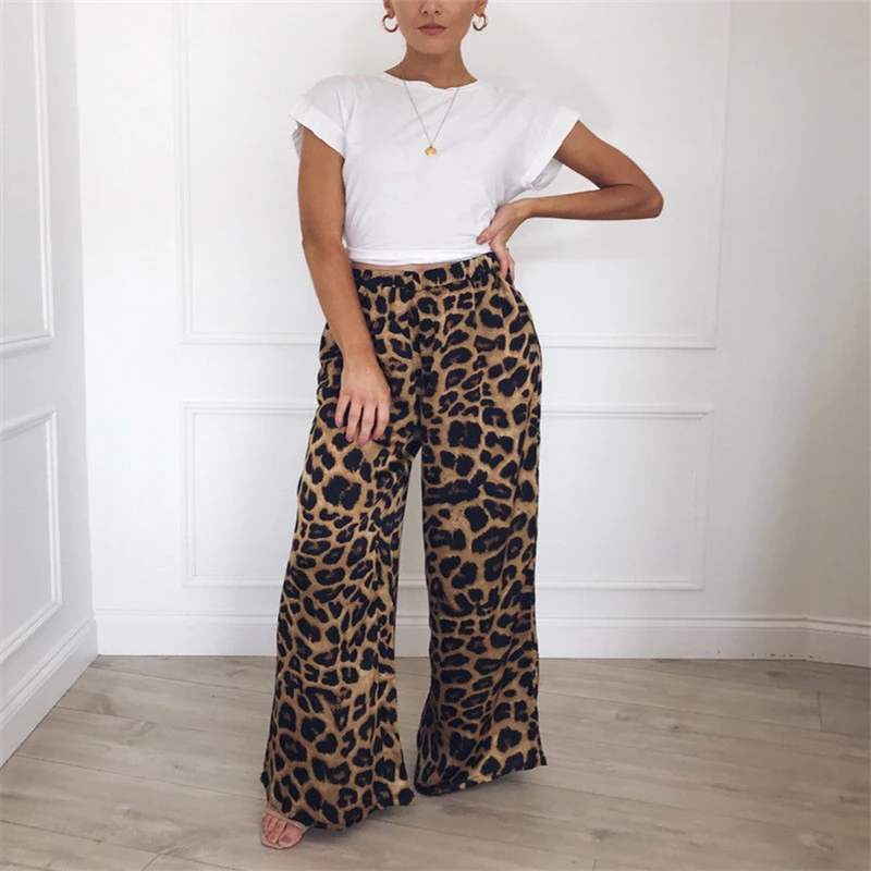 

Women Fashion Leopard Snakeskin Wide Leg Pants Casual High Waist Long Maxi Pants Woman Ladies Bohemian Loose Palazzo Trousers