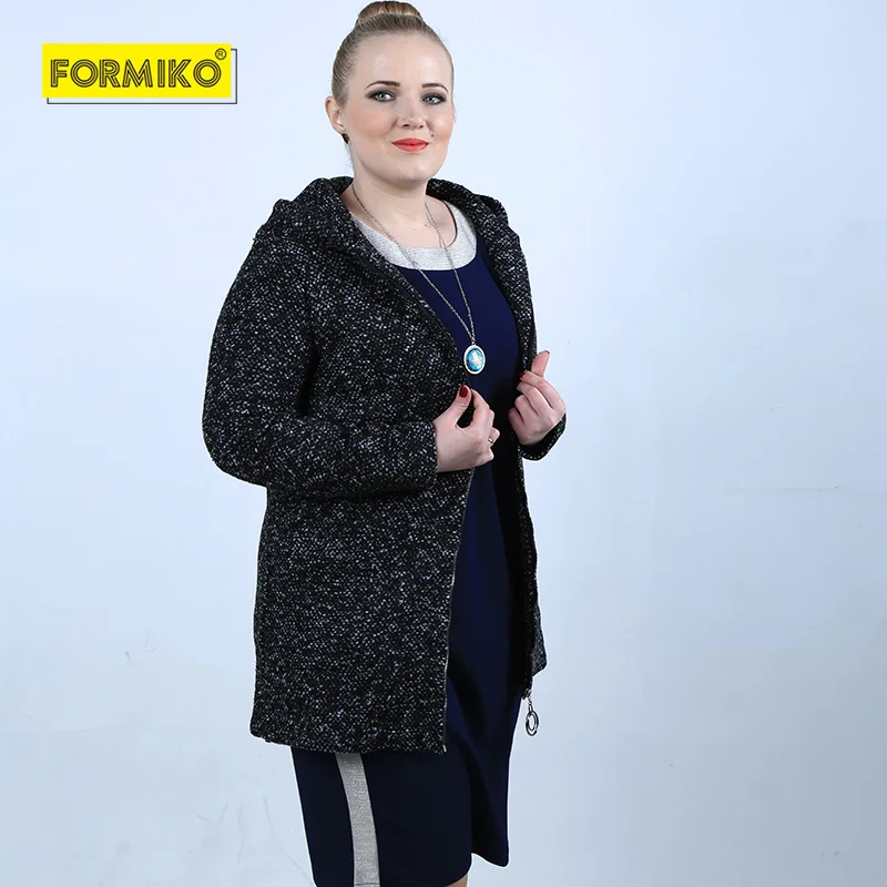 

Formiko Plus Size Women Wool Blend coat Winter Autumn Long Sleeve Basic Outerwear Hooded Zippe Jackets Female 4xl 5xl Coat