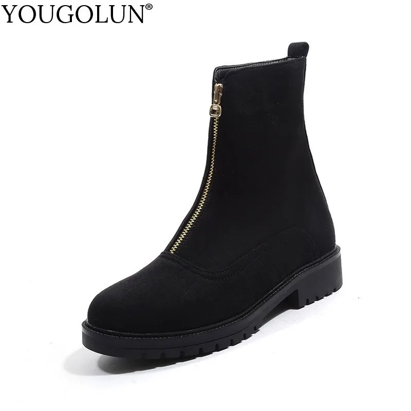 

YOUGOLUN Women Flock Ankle Boots New Autumn Winter Female Front Zipper Low Heel Ankle Boots Woman Black Round Toe Zip Shoes B354