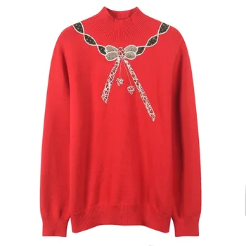 

INS Hot Sell Designer Pullovers Women Sweater 2018 Winter Half Turtleneck Bow Sequins Embroidery Sweet Knitted Jumper Top