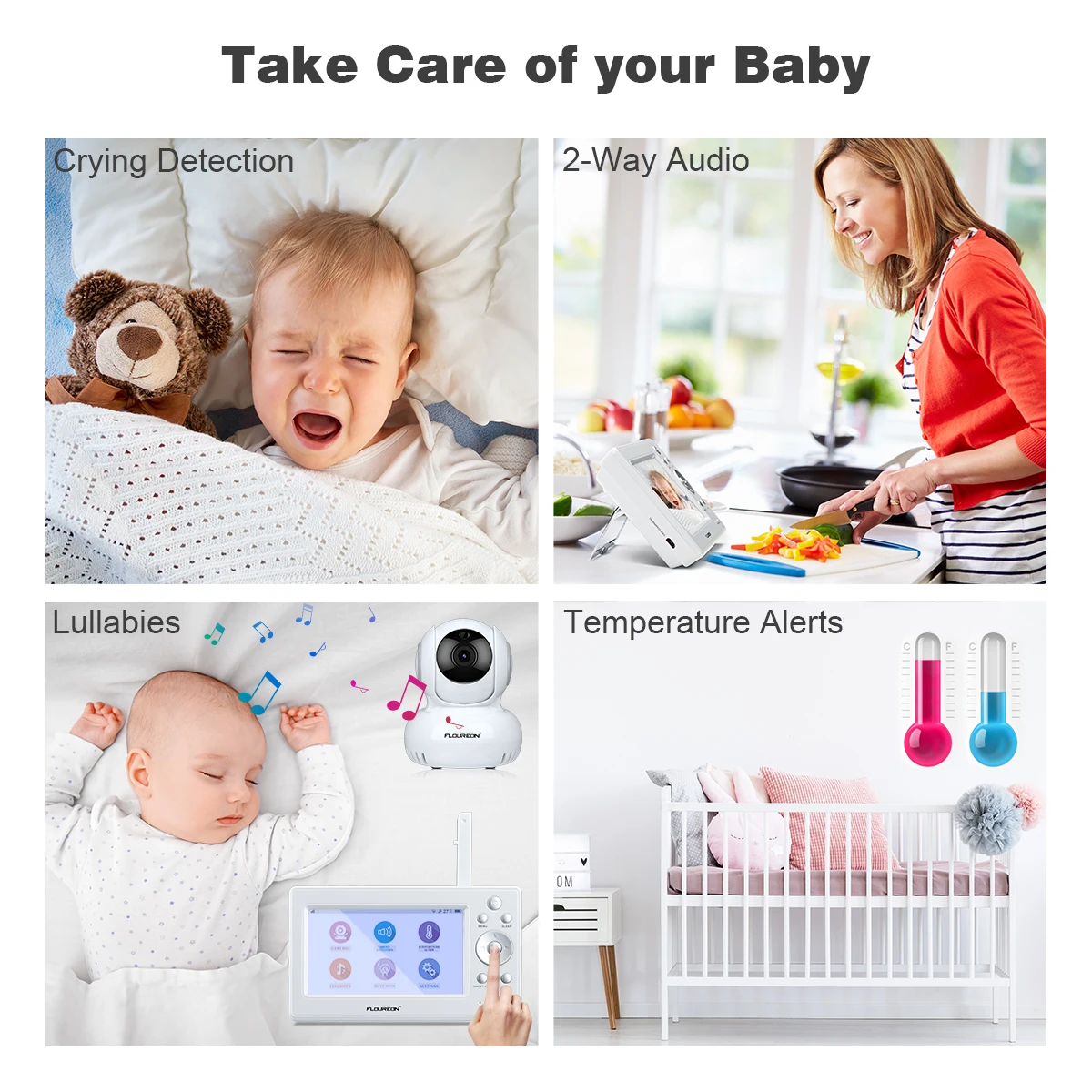 Floureon Baby Monitor Pan/Tilt 720 P Della Macchina Fotografica HD 5 ''Display Invisibile Visione N