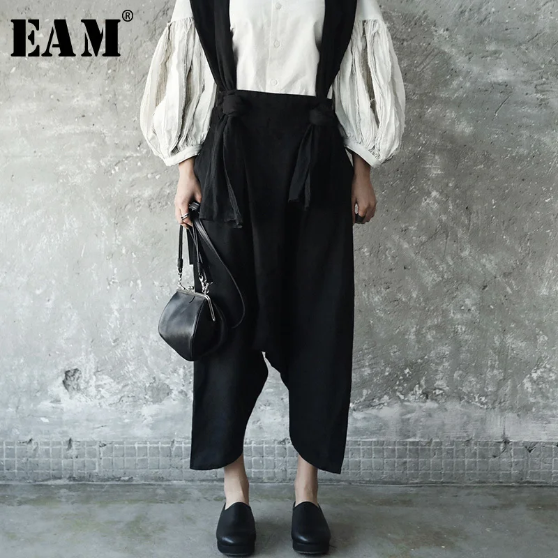 

[EAM] 2019 New Spring Temperament Strapless Two Pocket Wide Leg Pants Women Trousers Fashion Tide All-match JE82201S