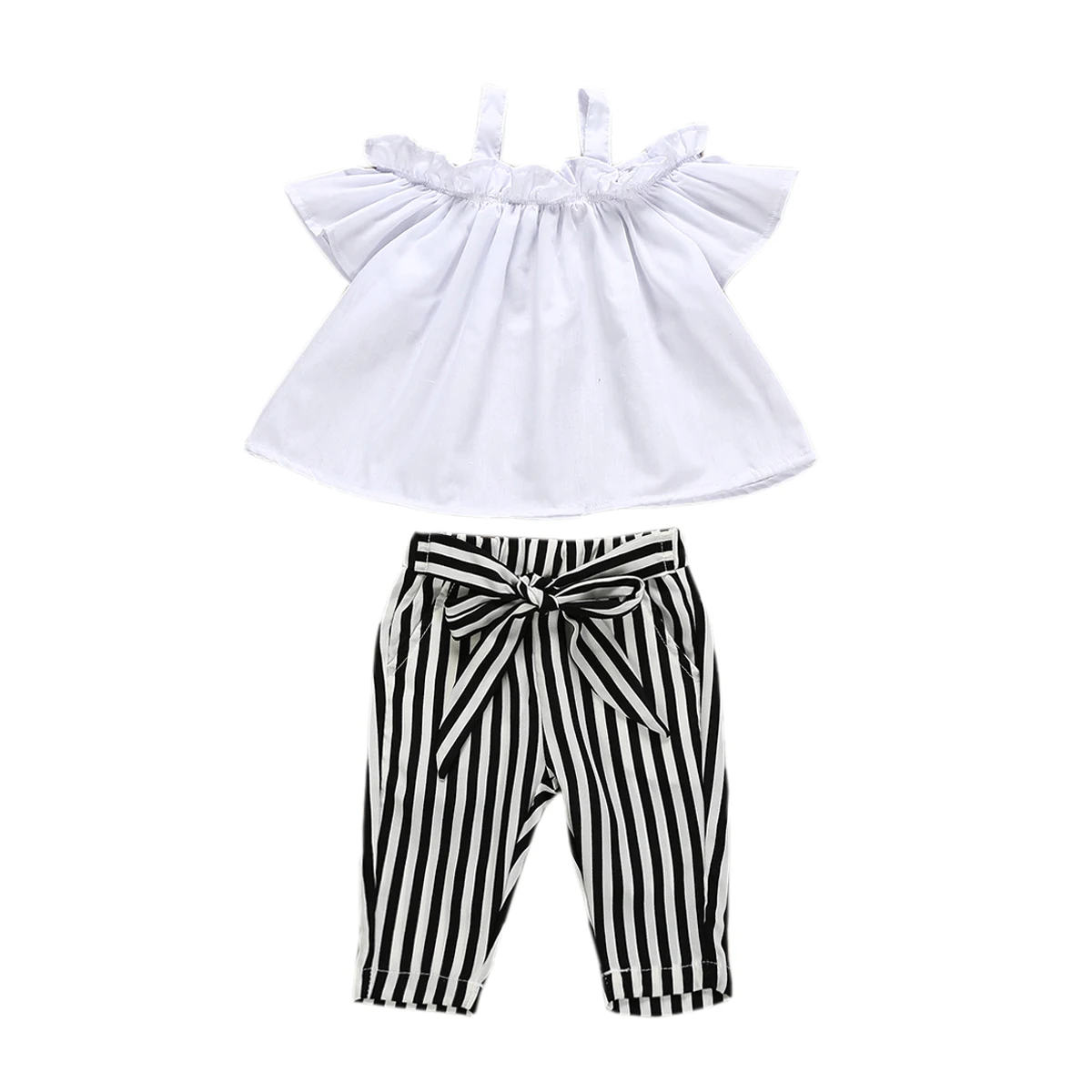 

Princess Girl Clothes Cute Girls Summer Clothing Kid Strap Off Shoulder Sling Tops +Striped Pants Leggings 2Pcs Outfits