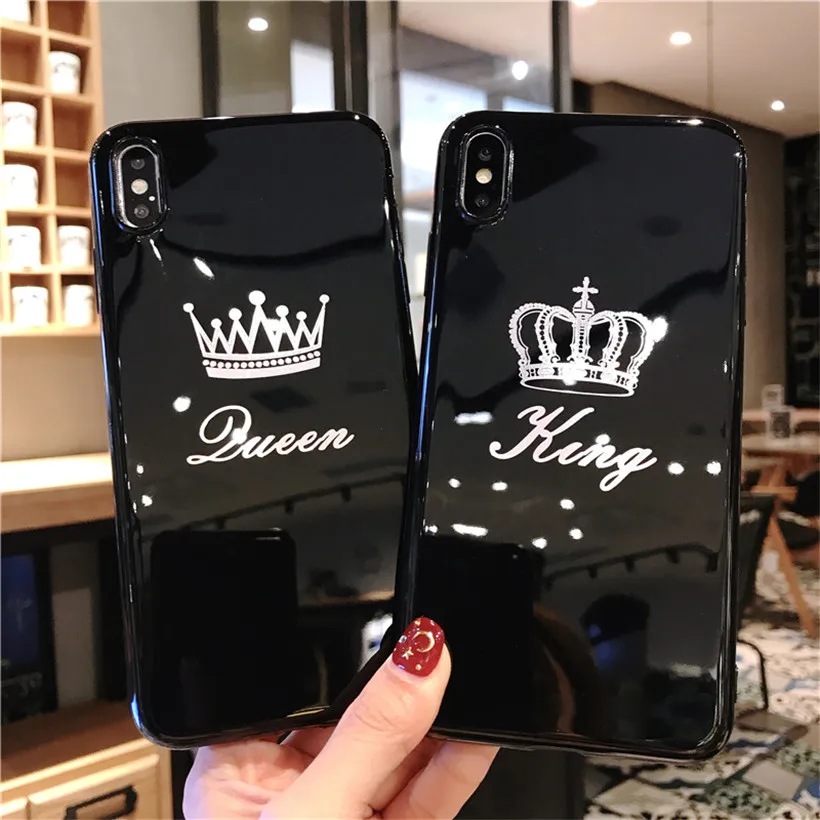 USLION Cartoon Crown Phone Case for iPhone 6 6s 7 8 Plus Silicon TPU Cases For iPhone XR XS Max Letter King Queen Back Cover