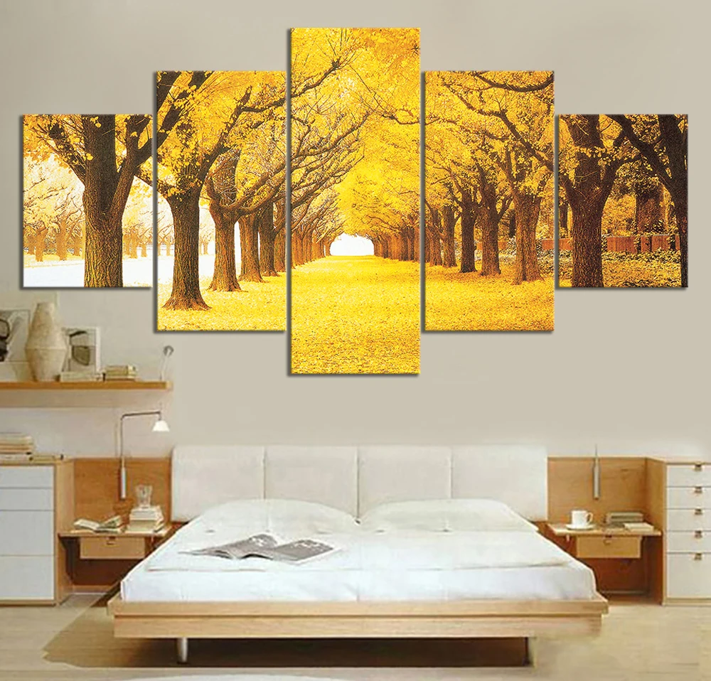 

5 Pieces HD Printed Yellow Maple Grove Landscape Oil Painting Wall Art for Home Decor