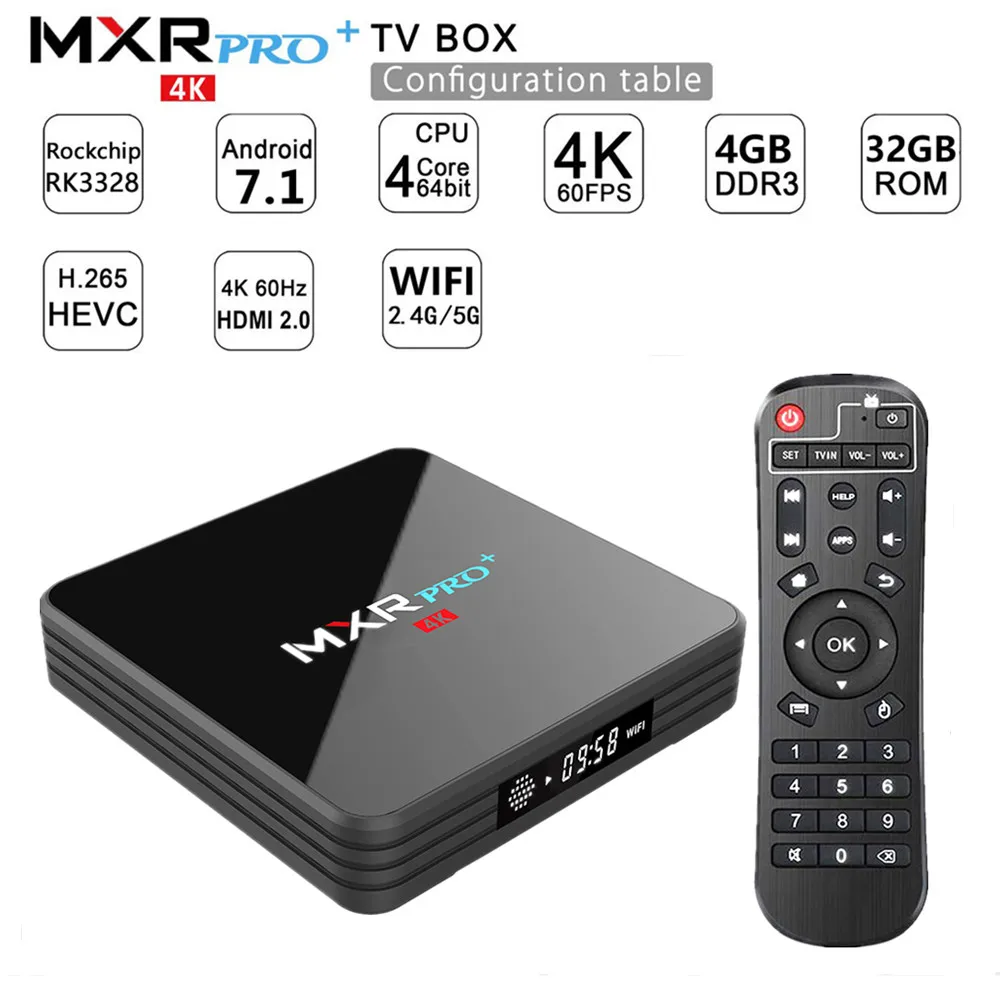 

MXR Pro+ Smart TV Box RK3328 quad-core ARM Cortex-A53 4GB RAM 32GB ROM 2.4G+5G WiFi BT4.0 Set Top Box100Mbps 4K VP9 Media Player