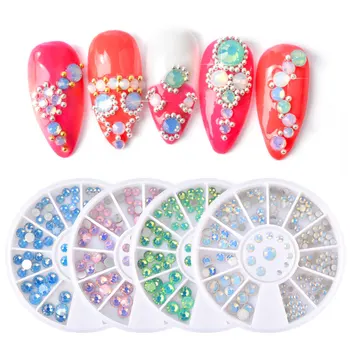 

1 Box 2019 New Arrive AB Opal Colorful 3d Nail Art Rhinestones Wheel Flat Back Multi-size 4 Colors DIY Nails Gems Decorations