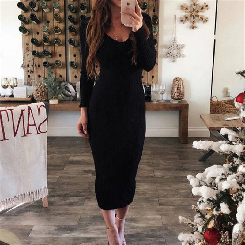 

Winter Women Dress Sexy Ladies Knitted V Neck Party Dresses Women Evening Bodycon Pencil Dress Warm Solid Ladies Long Dresses