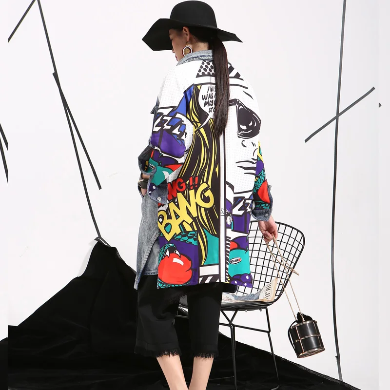 

DEAT 2019 New Autumn Lapel Printed Denim Split Joint Loose Long Big Size Denim Jacket Women Coat Fashion Tide Vestidos W0145
