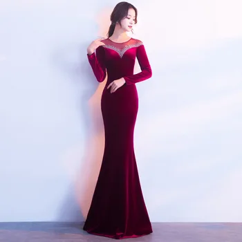 

Elegant Women Evening Party Dresses Sexy Hollow Long Sleeve Winter Robe Long Maxi Dress Wine Red Black High Waist Slim Vestidos