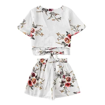 

Floral Crisscross Tie Detail Top With Shorts Women Wrap Knot Two Piece Set Print V Neck Short Sleeve Casual Suits