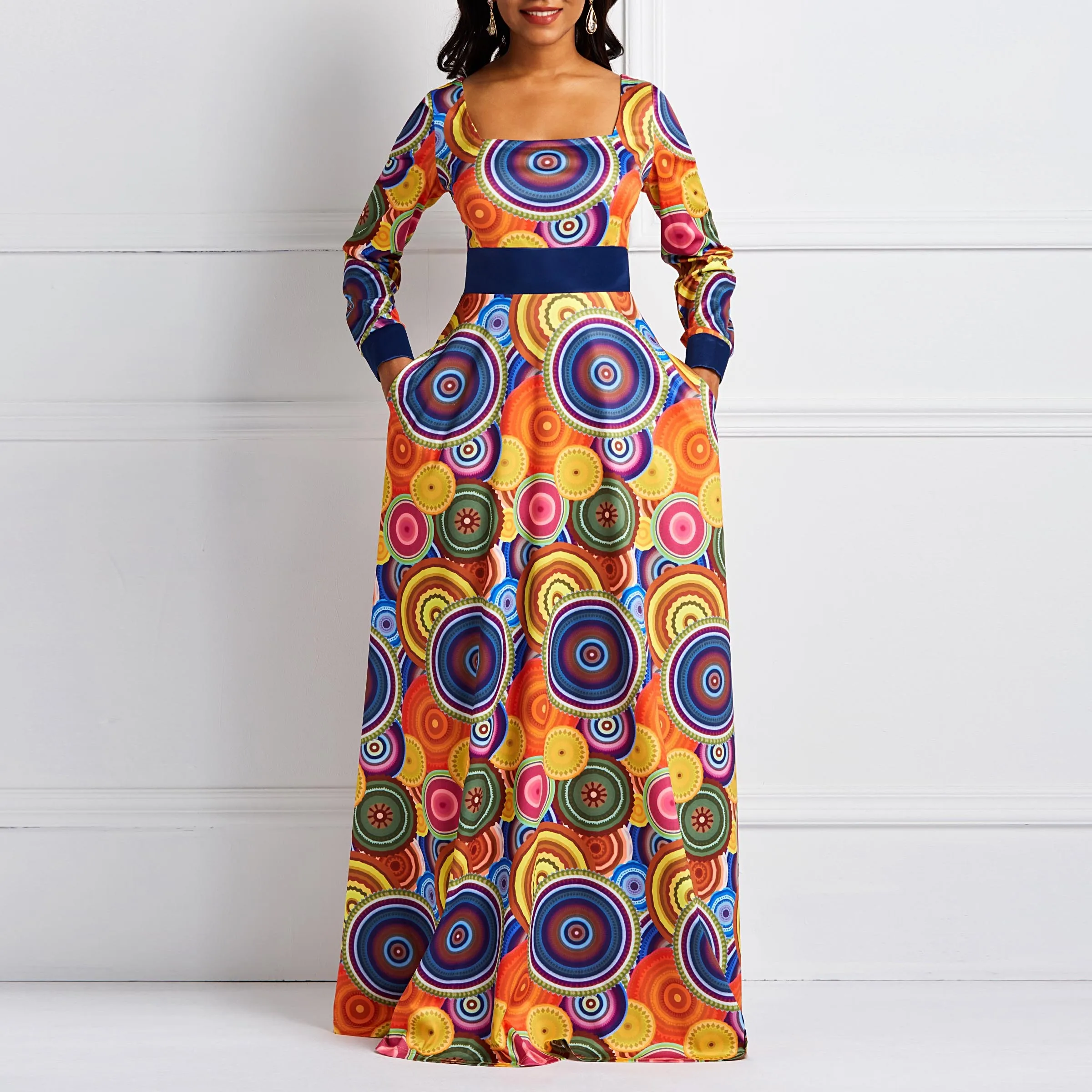 

Women Maxi Dresses Elegant Casual Aline Square Neck High Waist Geometric Color Block Print Female Fall Orange Party Sweet Dress