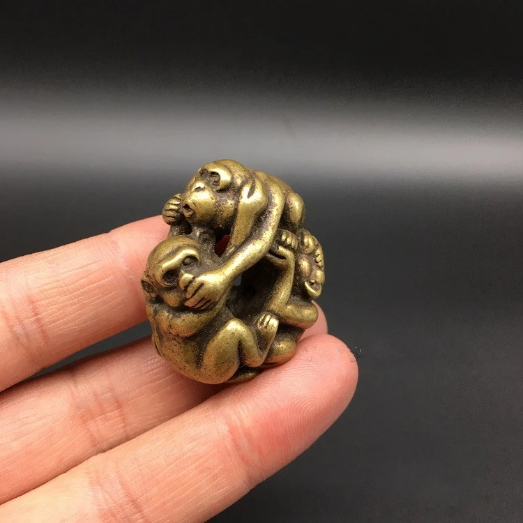 

Collectable Chinese Brass Carved Animal Zodiac Monkey Three Monkeys Playing Acrobatics Exquisite Small Statue