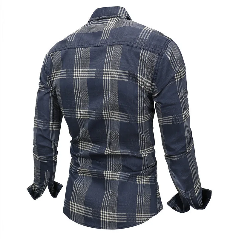 Business Style Men Plaid Shirt Navy Blue Button-Down Slim Fit Cotton Turn-down Collar 2019 Spring New Long Sleeve Man Clothing