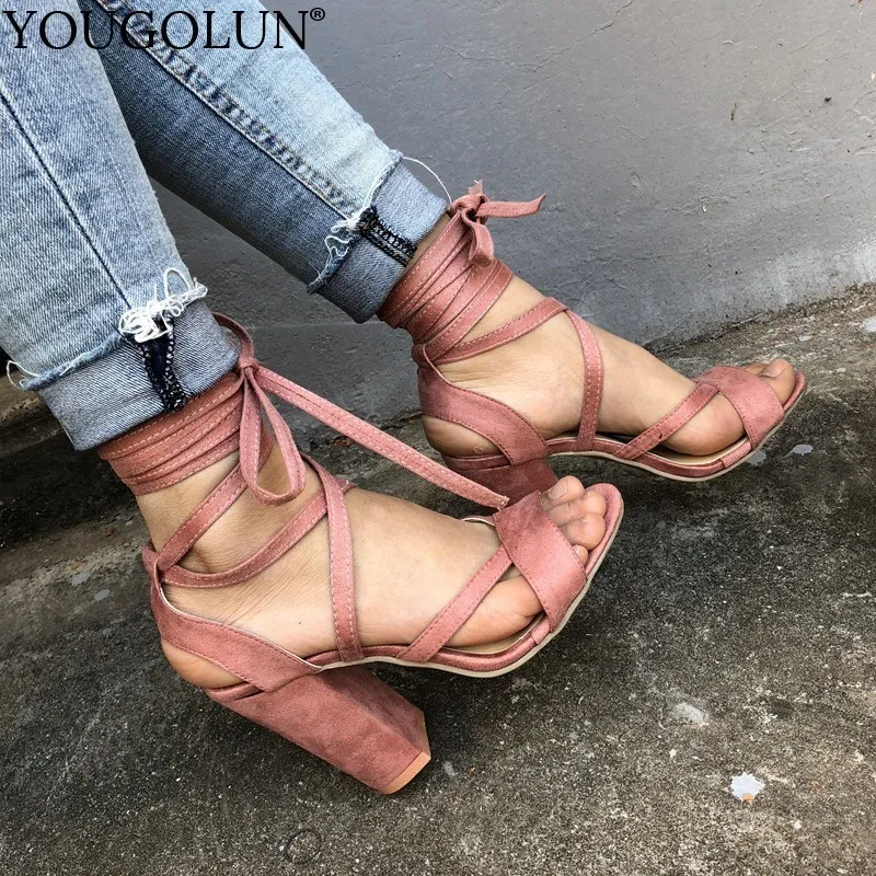 

YOUGOLUN High Heel Sandals Women Summer Ankle Strap Black Khaki Pink Open Toe Ladies Shoes Sexy Woman Lace Up Thick Heels B325