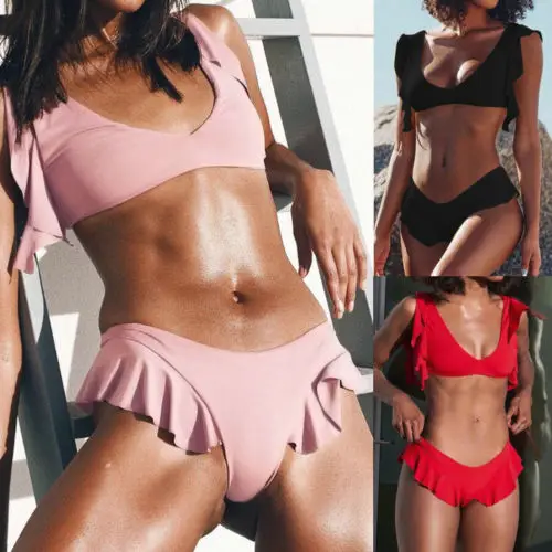 

2019 Fashion Summer Holiday Sexy 2Pcs Women High Waisted Bikini Set Solid Color Ruffle Bra Swimsuit Falbala Bandeau Swimwear