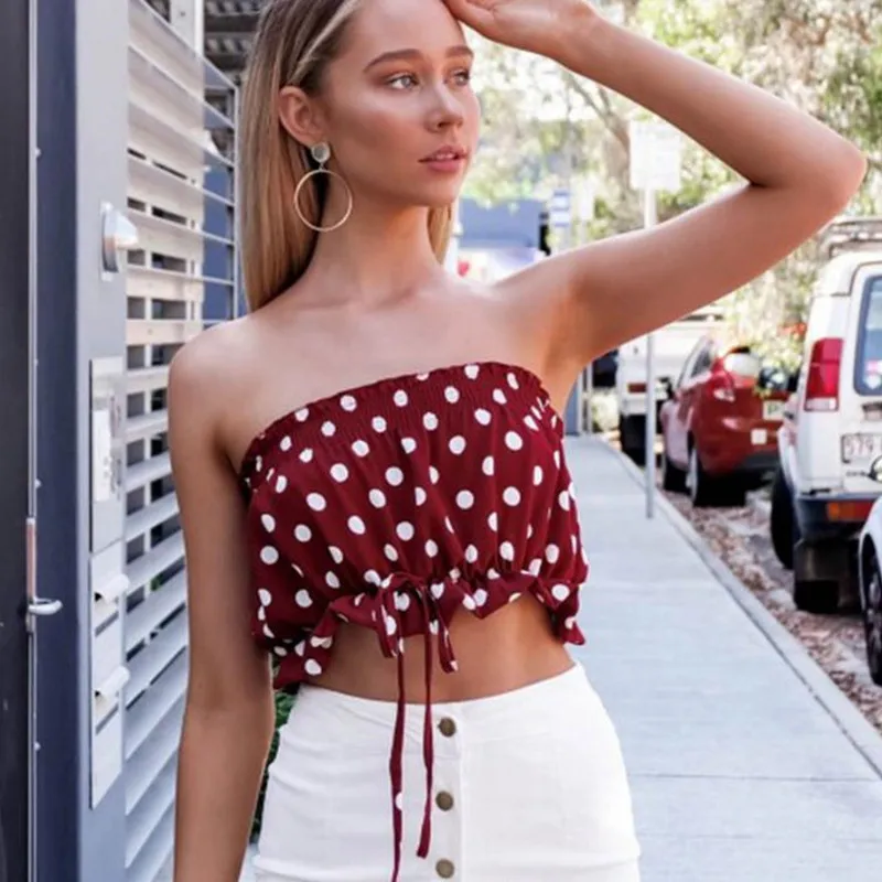 

Off-the-shoulder Polka Dot Short Tank Tops Bow Ruched Tube Top